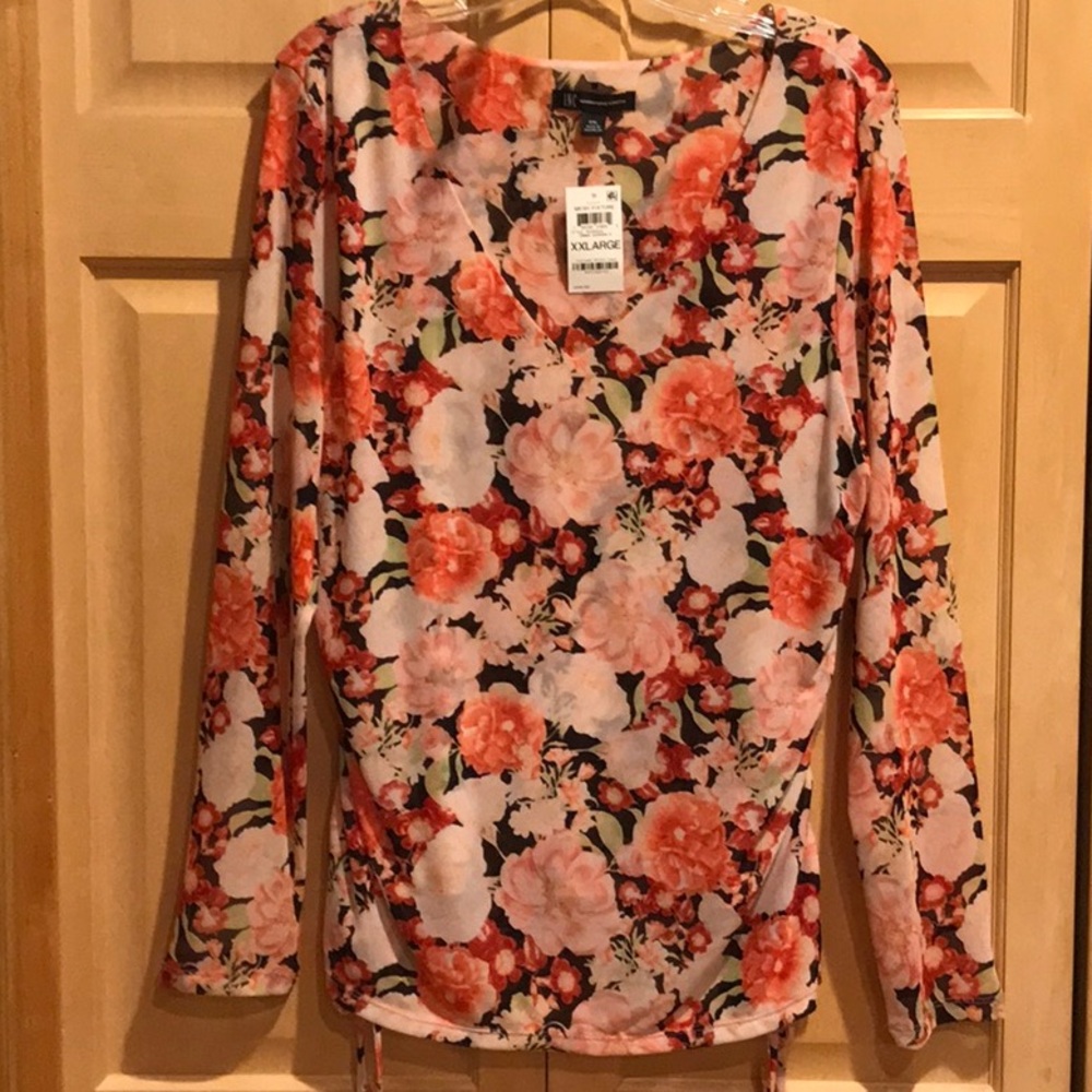New INC International Concepts Orange and Black Ruched Long Sleeve Blouse